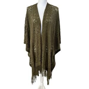 Torrid Shawl Ruana Women's One Size Plus 1X-4X Olive Green Pointelle Fringe